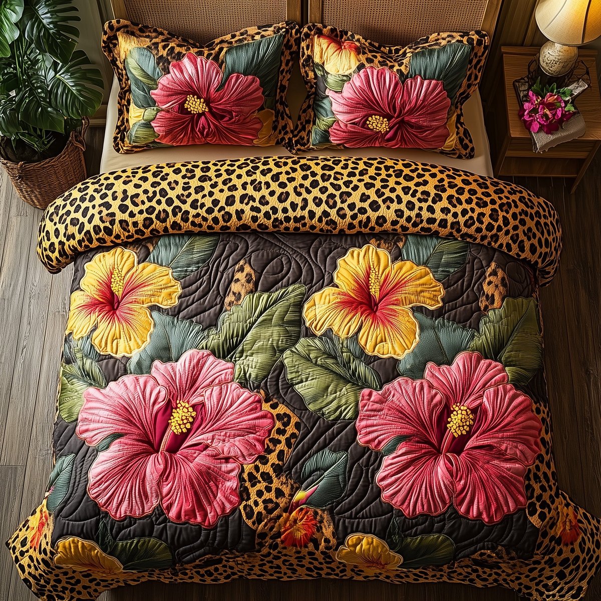 Leopard Hibiscus Heaven 3 Piece Quilted Bedding Set Gift For Flower Lovers