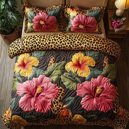 Leopard Hibiscus Heaven 3 Piece Quilted Bedding Set Gift For Flower Lovers
