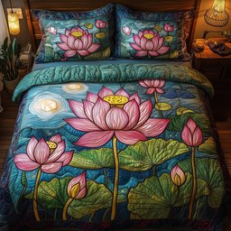 Serene Lotus Elegance 3 Piece Quilted Bedding Set Gift For Flower Lovers