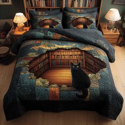 Whiskered Library Cat 3 Piece Quilted Bedding Set Gift For Book Lovers