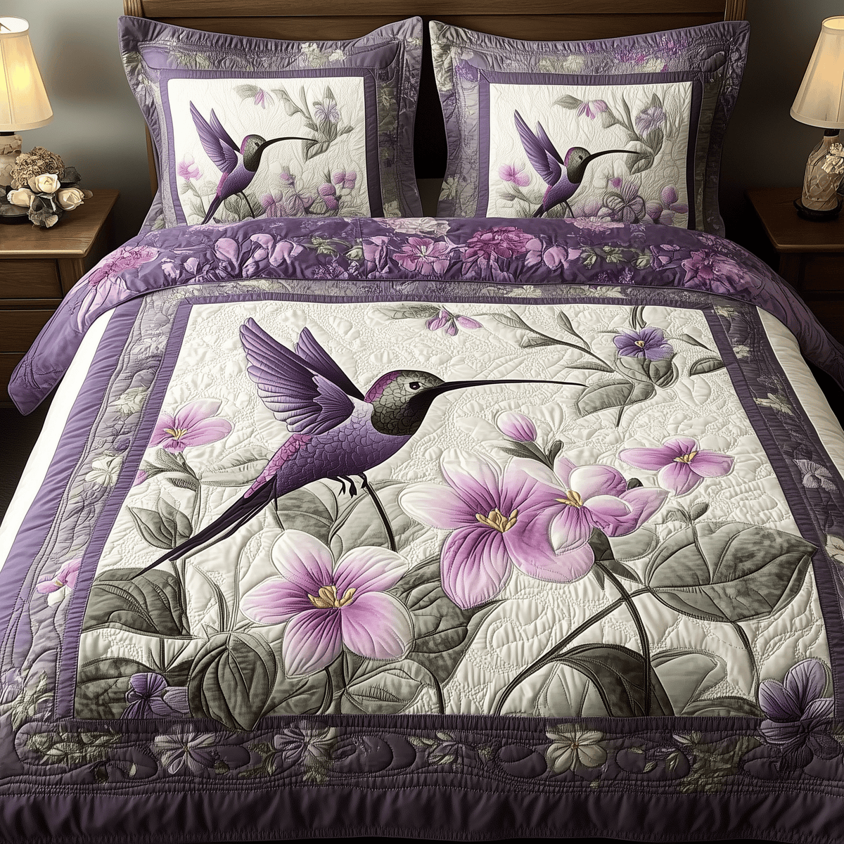 Hummingbird 3 Piece Quilted Bedding Set Gift For Bird Lovers