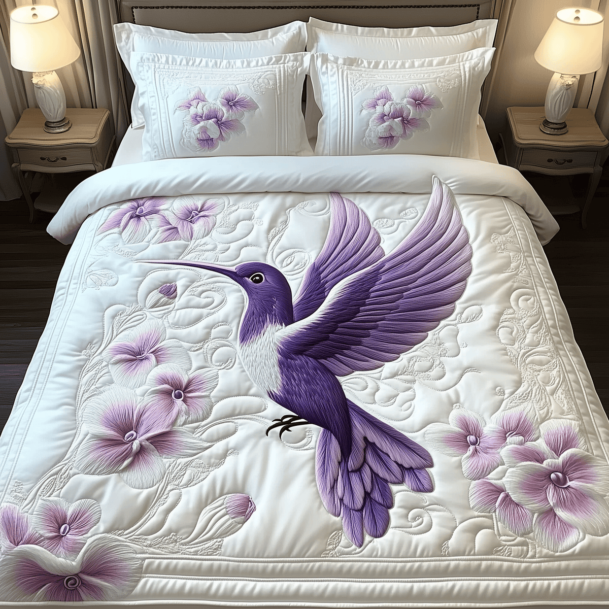 Charming Hummingbird 3 Piece Quilted Bedding Set Gift For Bird Lovers