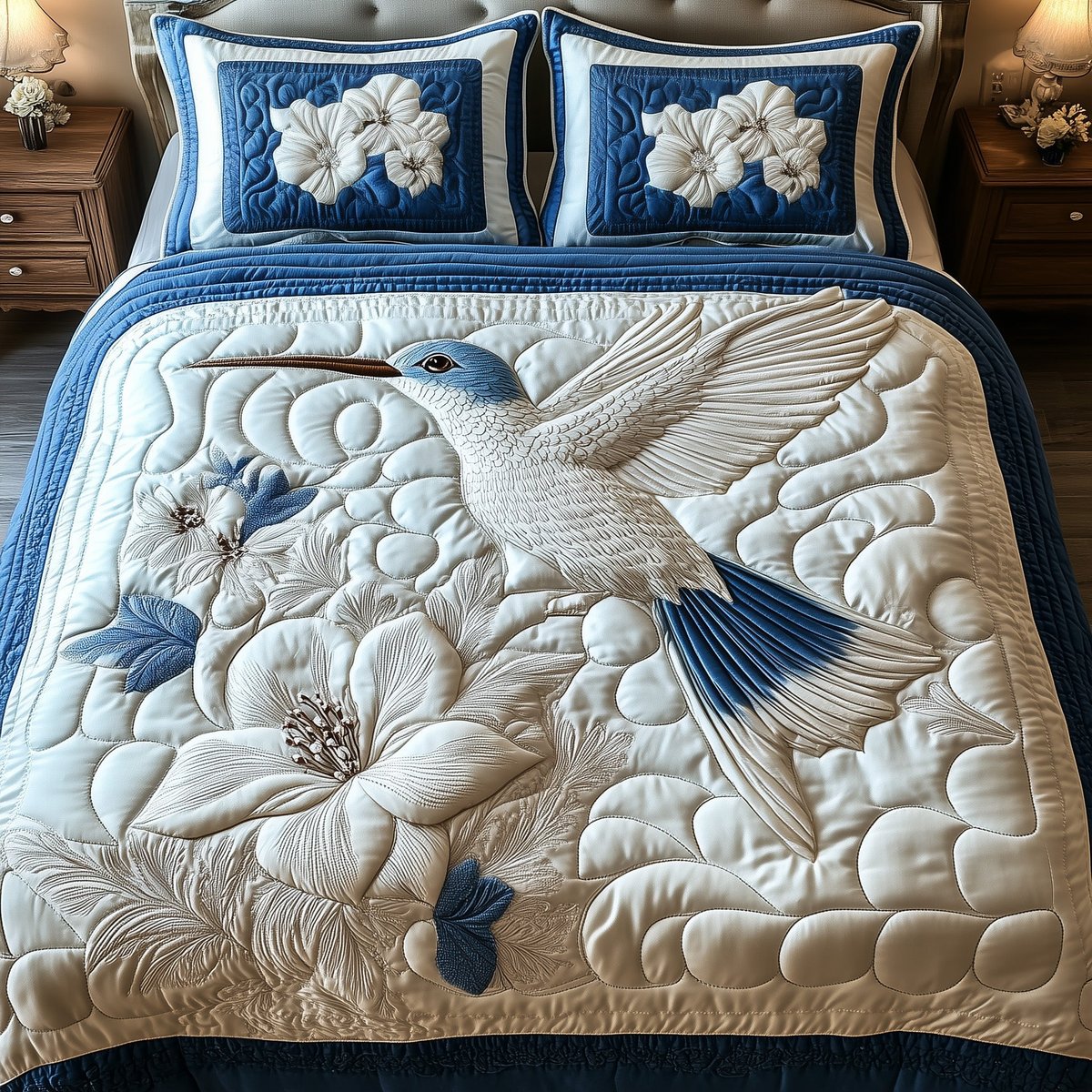 Frosted Hummingbird 3 Piece Quilted Bedding Set Gift For Bird Lovers