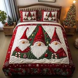Trio Gnomes 3 Piece Quilted Bedding Set Gift For Holiday Decor Lovers