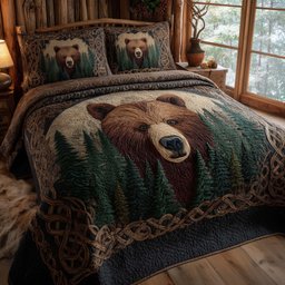 Forest Bear 3 Piece Quilted Bedding Set Gift For Bear Lovers