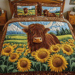 Golden Meadow Highland Cow 3 Piece Quilted Bedding Set Gift For Cow Lovers