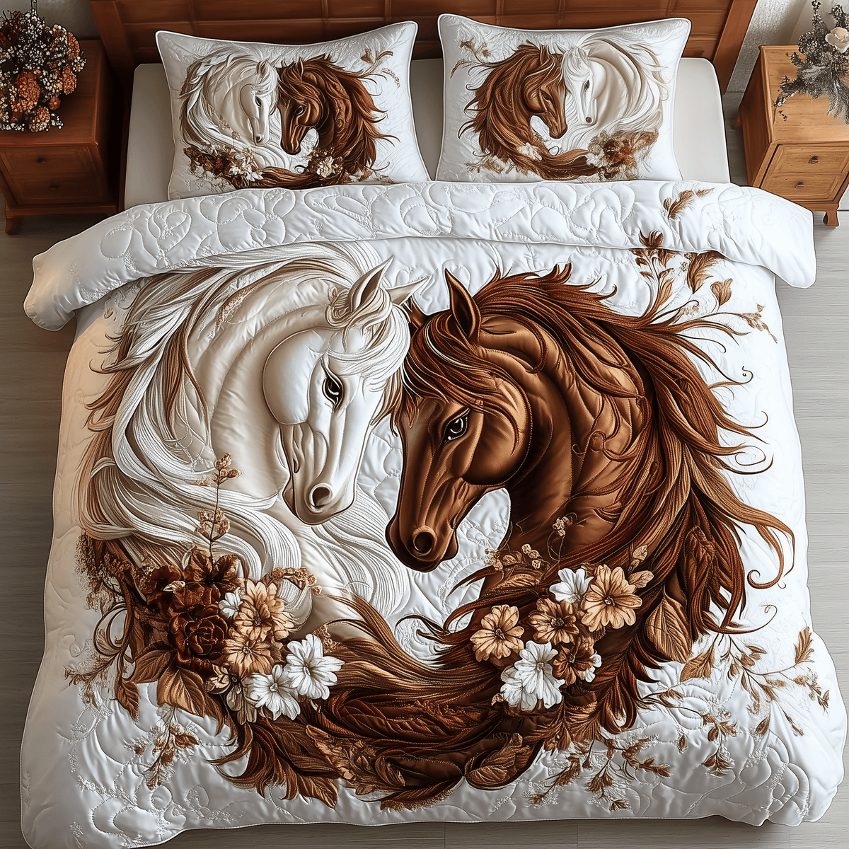 Romantic Hourse Couple Horse 3 Piece Quilted Bedding Set Gift For Horse Lovers