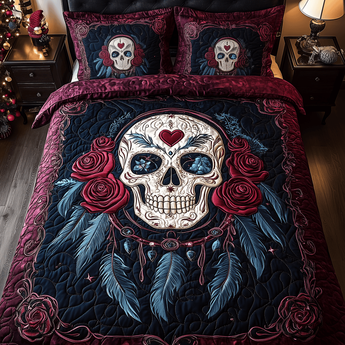 Dreamcatcher Skull 3 Piece Quilted Bedding Set Gift For Gothic Decor Lovers