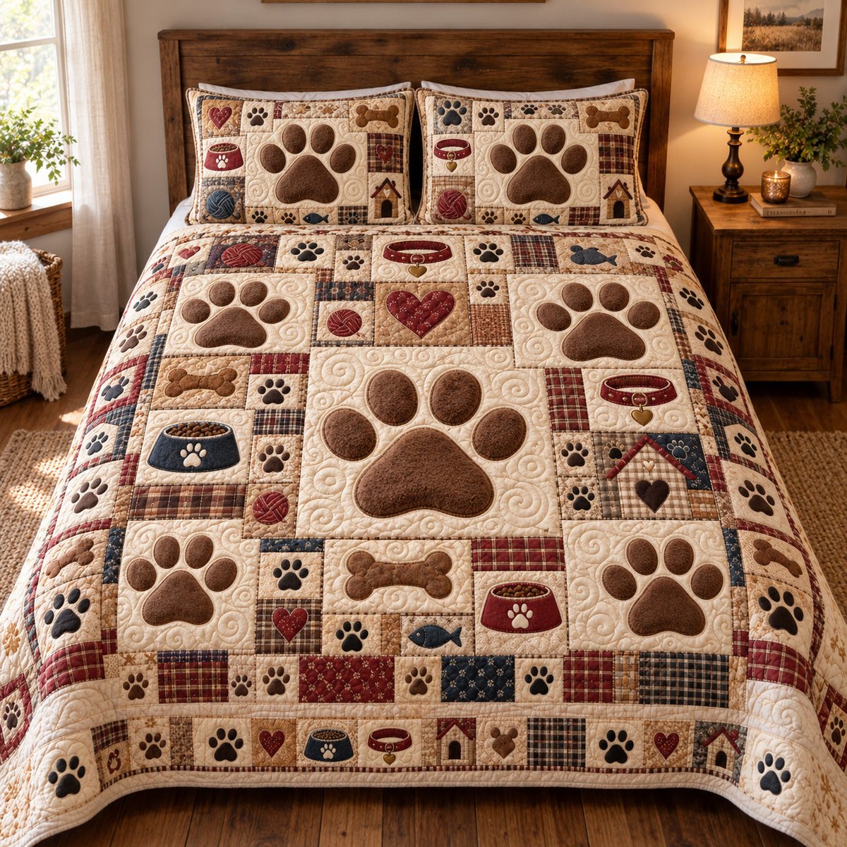 Rustic Paw Patchwork 3 Piece Quilted Bedding Set Gift For Dog Lovers