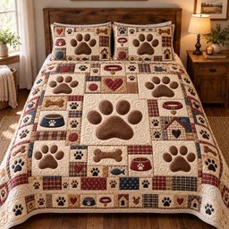 Rustic Paw Patchwork 3 Piece Quilted Bedding Set Gift For Dog Lovers