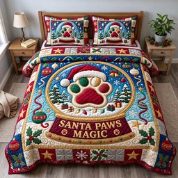 Santa Paws 3 Piece Quilted Bedding Set Christmas Gift For Dog Lovers