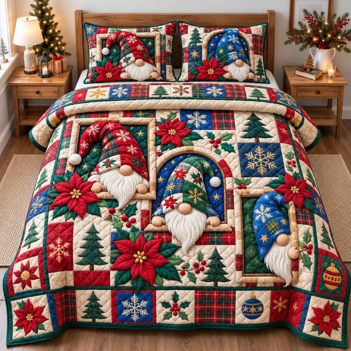 Gnome Trio Whimsy 3 Piece Quilted Bedding Set Gift For Holiday Decor Lovers