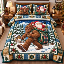 Bigfoot Santa Claus Escapade 3 Piece Quilted Bedding Set Christmas Gift For Holiday Decor Lovers