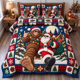 Bigfoot Santa Claus Wonderland 3 Piece Quilted Bedding Set Christmas Gift For Holiday Decor Lovers