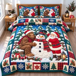 Bigfoot Santa Claus Friendship 3 Piece Quilted Bedding Set Christmas Gift For Holiday Decor Lovers