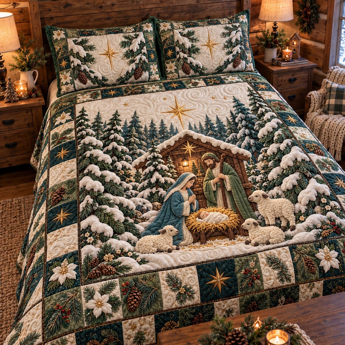 Snowy Pine Nativity 3 Piece Quilted Bedding Set Gift For Christians