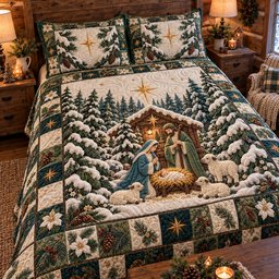 Snowy Pine Nativity 3 Piece Quilted Bedding Set Gift For Christians