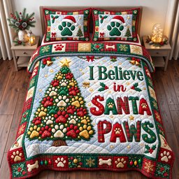 Santa Paws 3 Piece Quilted Bedding Set Christmas Gift For Dog Lovers