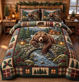 Rustic Bear 3 Piece Quilted Bedding Set Gift For Bear Lovers