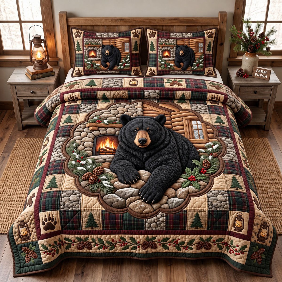 Rustic Bear 3 Piece Quilted Bedding Set Gift For Bear Lovers