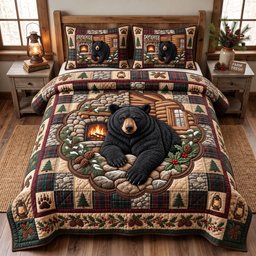 Rustic Bear 3 Piece Quilted Bedding Set Gift For Bear Lovers