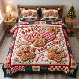 Santa Paws 3 Piece Quilted Bedding Set Christmas Gift For Dog Lovers