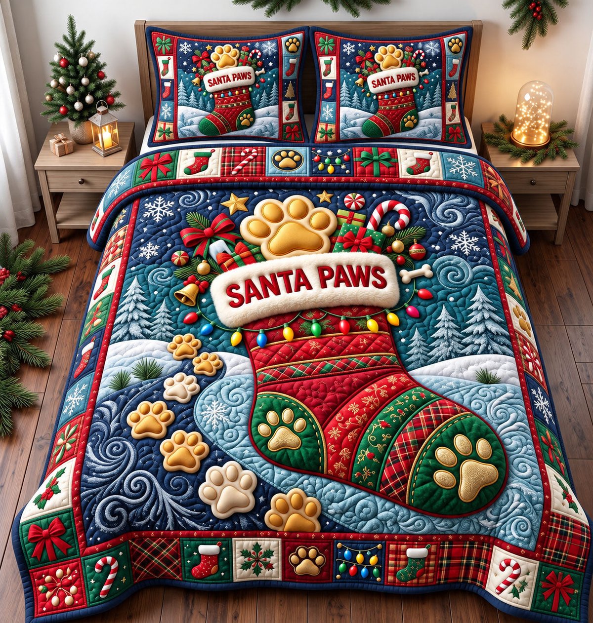Santa Paws 3 Piece Quilted Bedding Set Christmas Gift For Dog Lovers