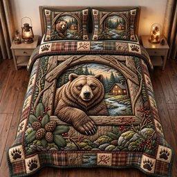 Rustic Bear 3 Piece Quilted Bedding Set Gift For Bear Lovers