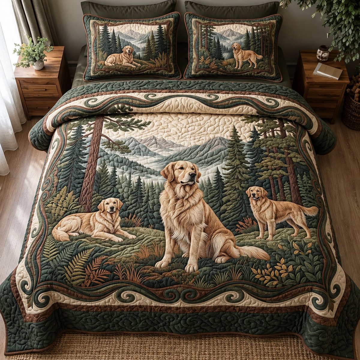 Golden Woodland 3 Piece Quilted Bedding Set Gift For Nature Lovers