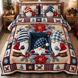Gnome Trio Wonderland 3 Piece Quilted Bedding Set Gift For Holiday Decor Lovers