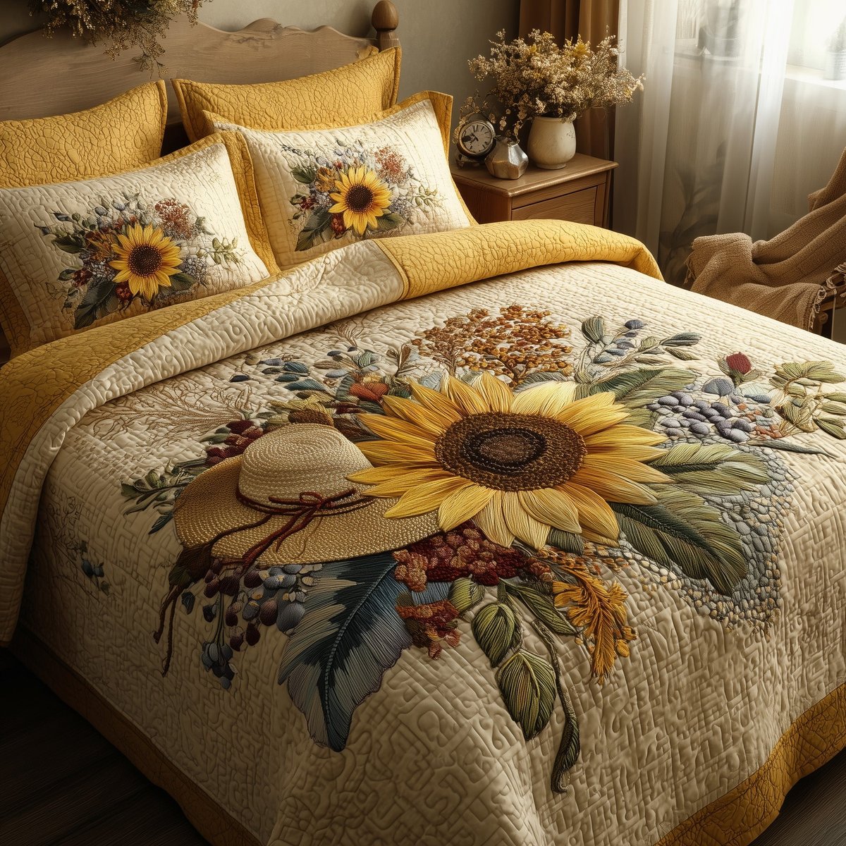 Sunflower 3 Piece Quilted Bedding Set Gift For Flower Lovers