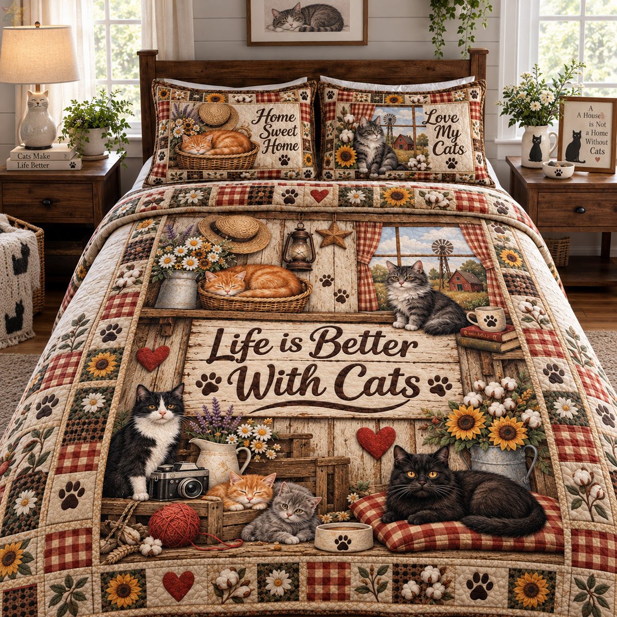 Life Is Better with Cats 3 Piece Quilted Bedding Set Gift For Cat Lovers