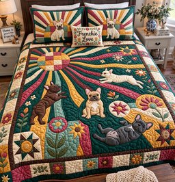 Happy Frenchie Garden 3 Piece Quilted Bedding Set Gift For Flower Lovers