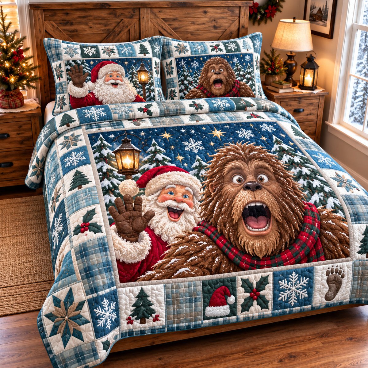 Bigfoot Santa Claus Magic 3 Piece Quilted Bedding Set Christmas Gift For Fantasy Lovers