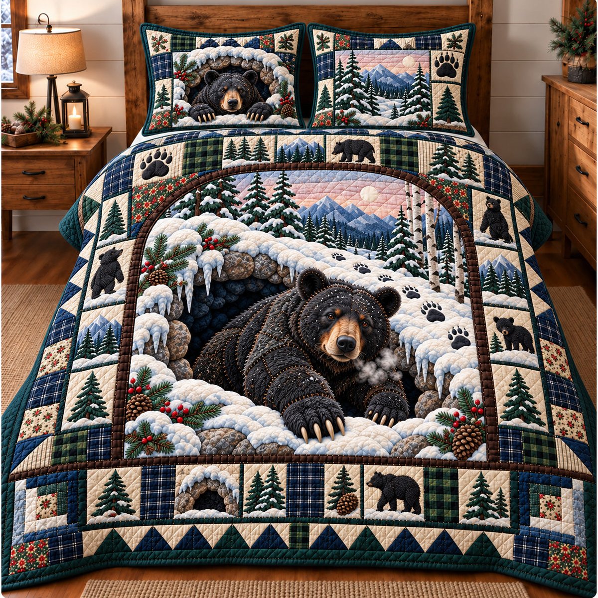 Winter Rustic Guardian 3 Piece Quilted Bedding Set Christmas Gift For Bear Lovers