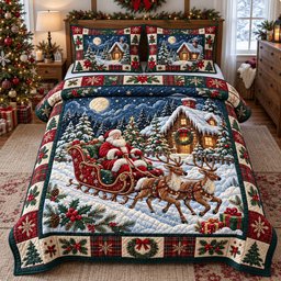 Santa Reindeer Eve 3 Piece Quilted Bedding Set Christmas Gift For Holiday Decor Lovers