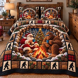 Santa Bigfoot Pals 3 Piece Quilted Bedding Set Christmas Gift For Holiday Decor Lovers