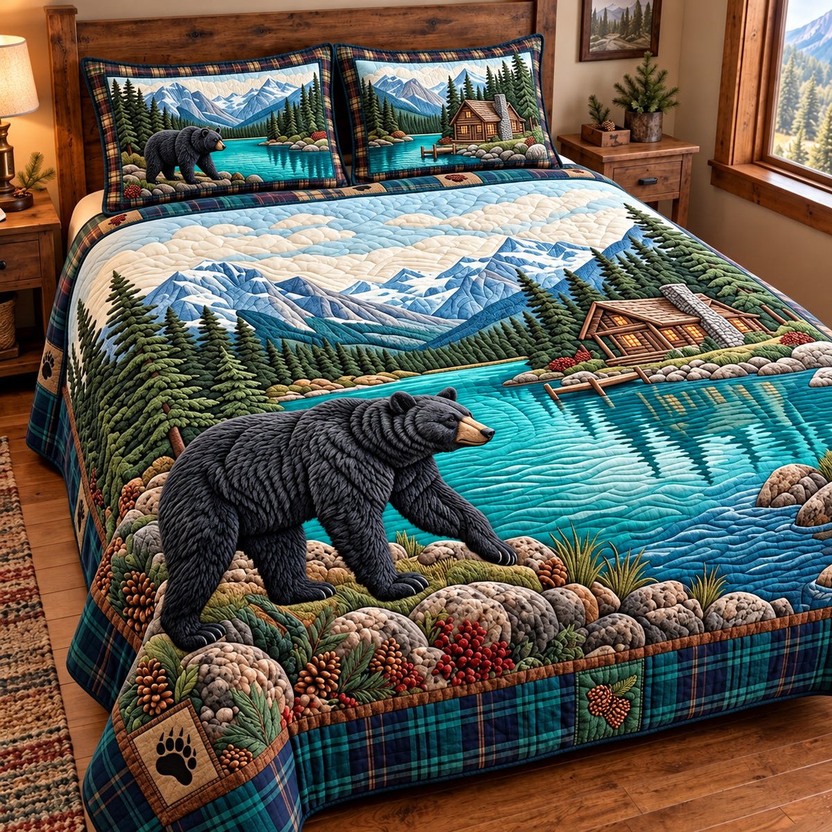 Mountain Lake Bear 3 Piece Quilted Bedding Set Gift For Bear Lovers