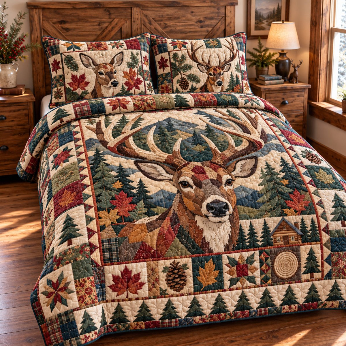 Deer Meadow 3 Piece Quilted Bedding Set Gift For Hunters