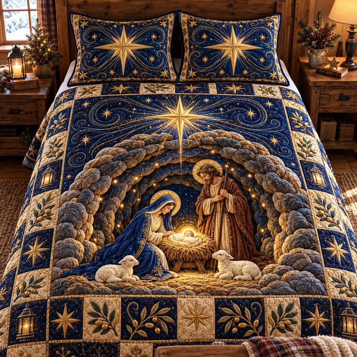 Starry Night Nativity 3 Piece Quilted Bedding Set Gift For Christians