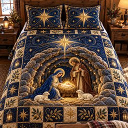 Starry Night Nativity 3 Piece Quilted Bedding Set Gift For Christians