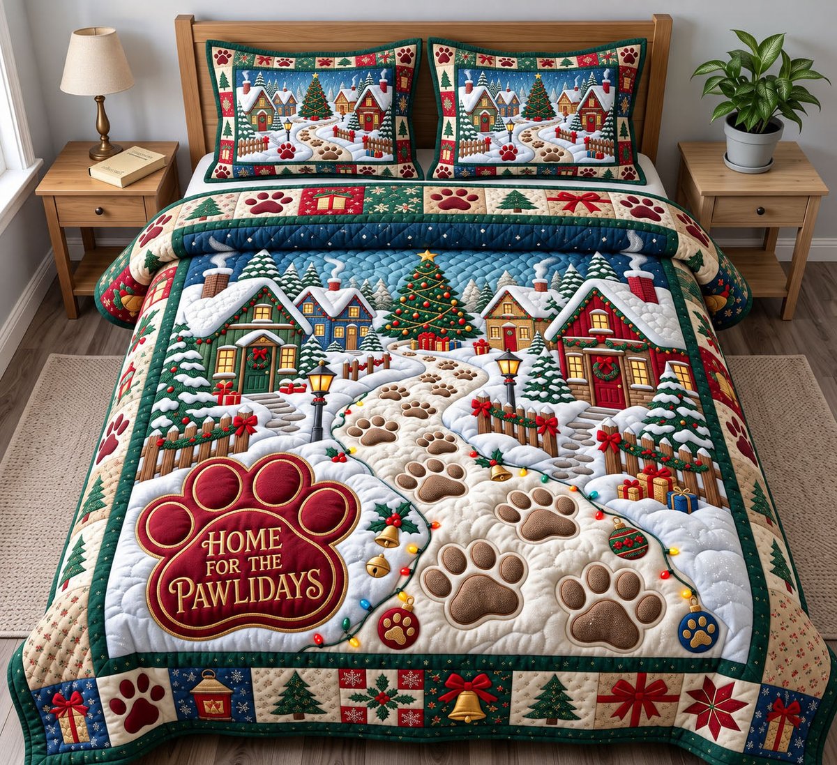 Santa Paws 3 Piece Quilted Bedding Set Christmas Gift For Dog Lovers