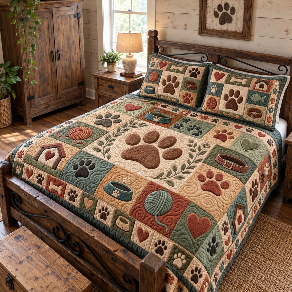 Rustic Paw Patchwork 3 Piece Quilted Bedding Set Gift For Dog Lovers