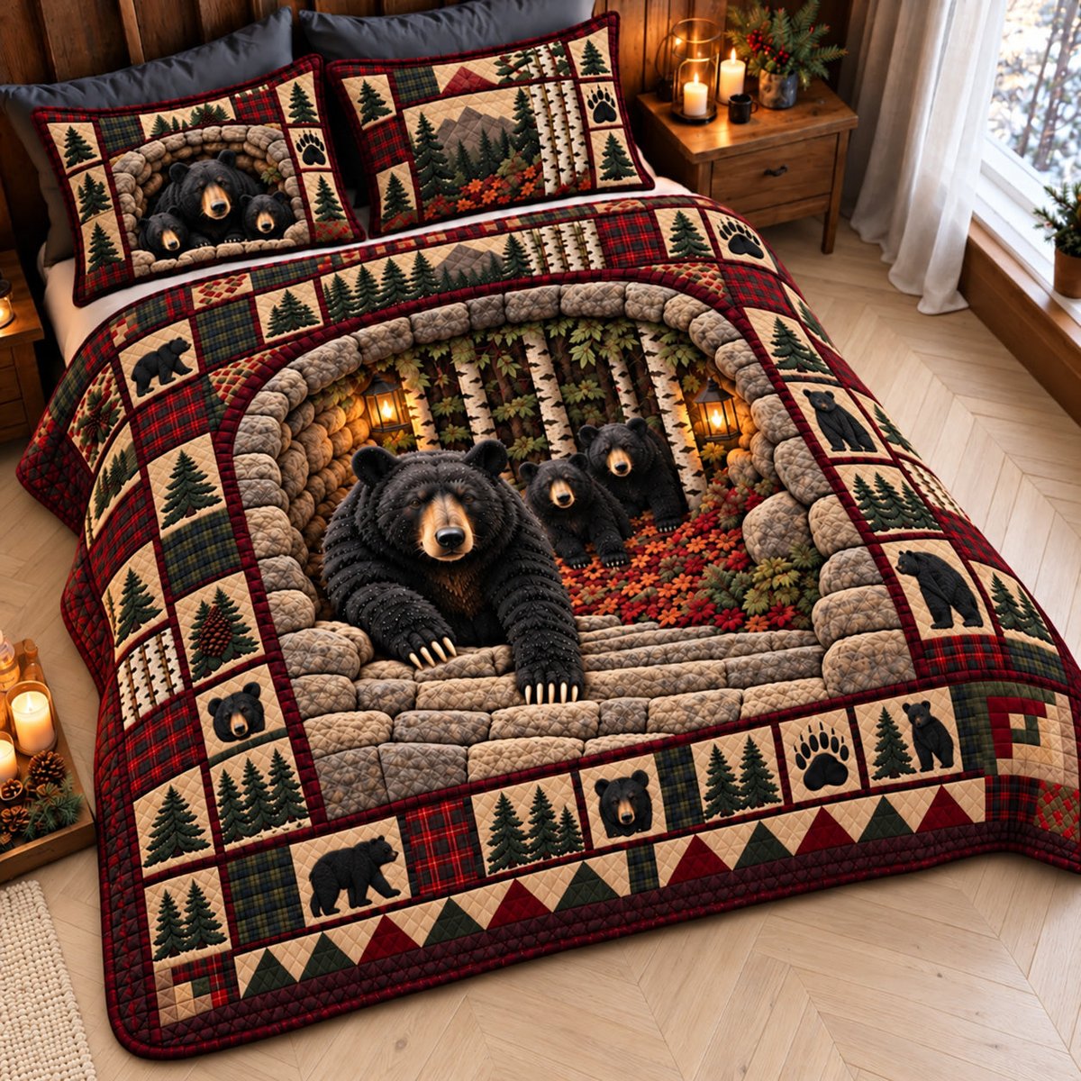 Rustic Guardians Bear 3 Piece Quilted Bedding Set Gift For Bear Lovers