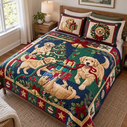 Golden Gift 3 Piece Quilted Bedding Set Christmas Gift For Holiday Decor Lovers