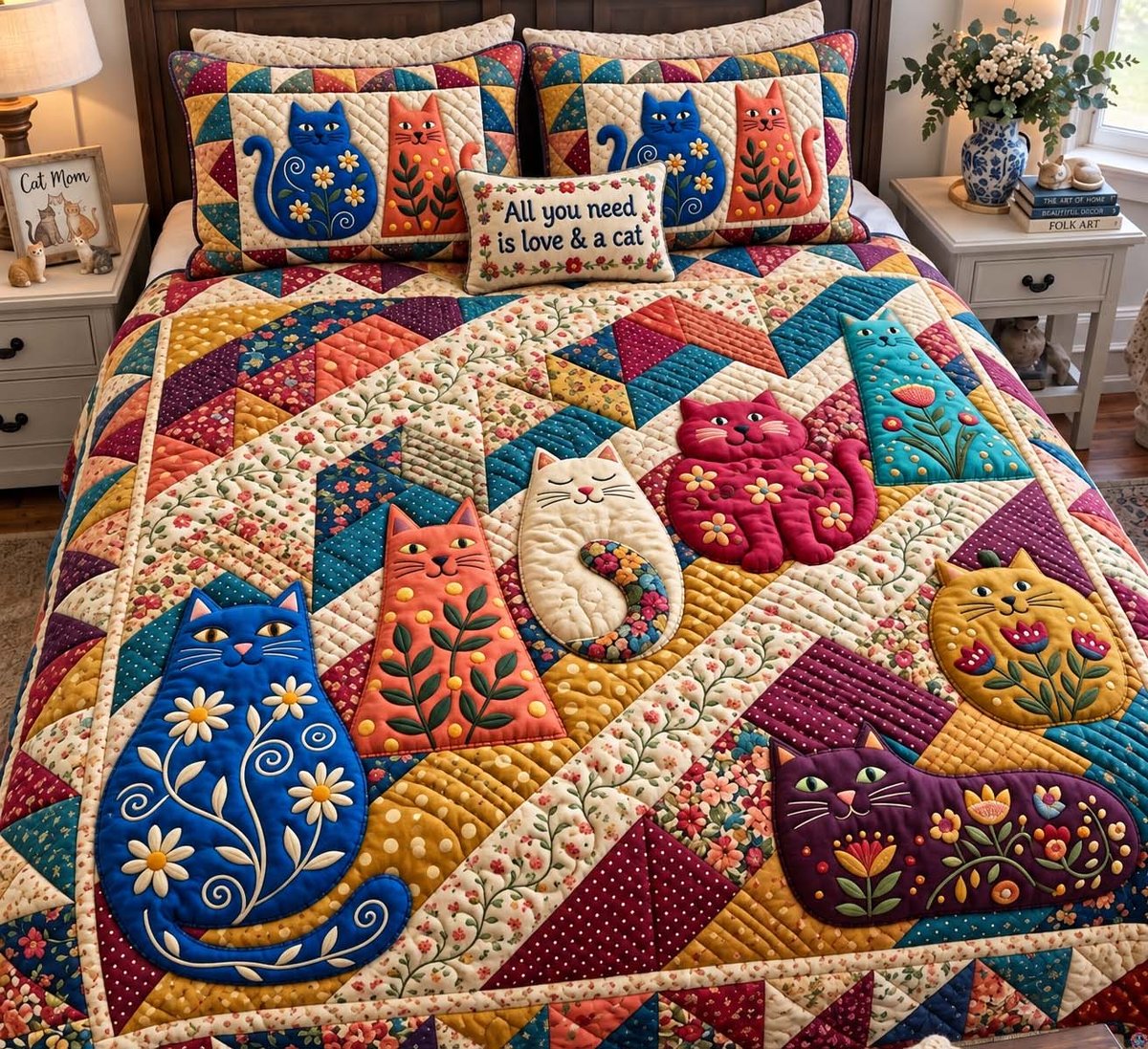 Whimsical Cat Garden 3 Piece Quilted Bedding Set Gift For Cat Lovers