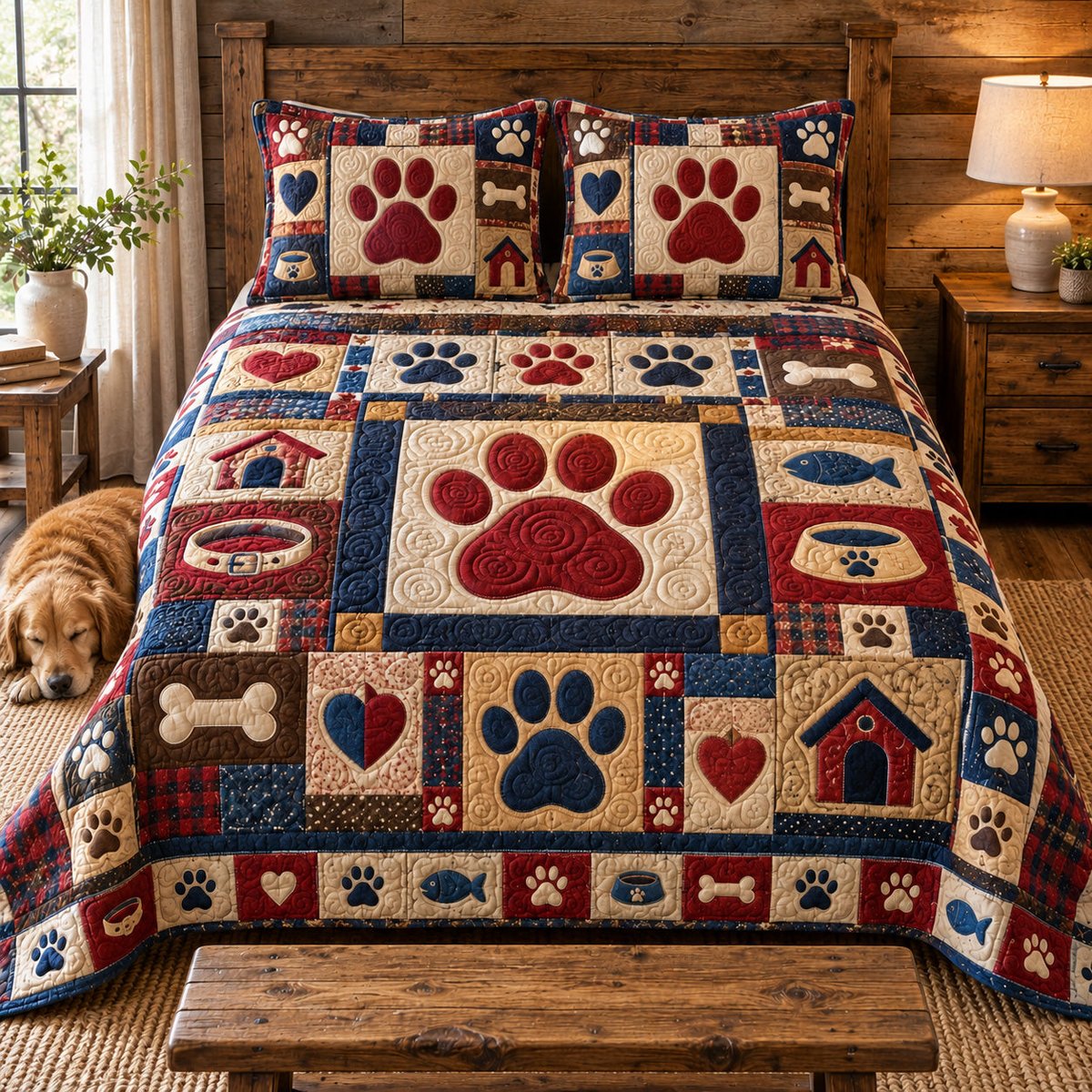 Rustic Paw Patchwork 3 Piece Quilted Bedding Set Gift For Dog Lovers