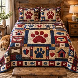 Rustic Paw Patchwork 3 Piece Quilted Bedding Set Gift For Dog Lovers