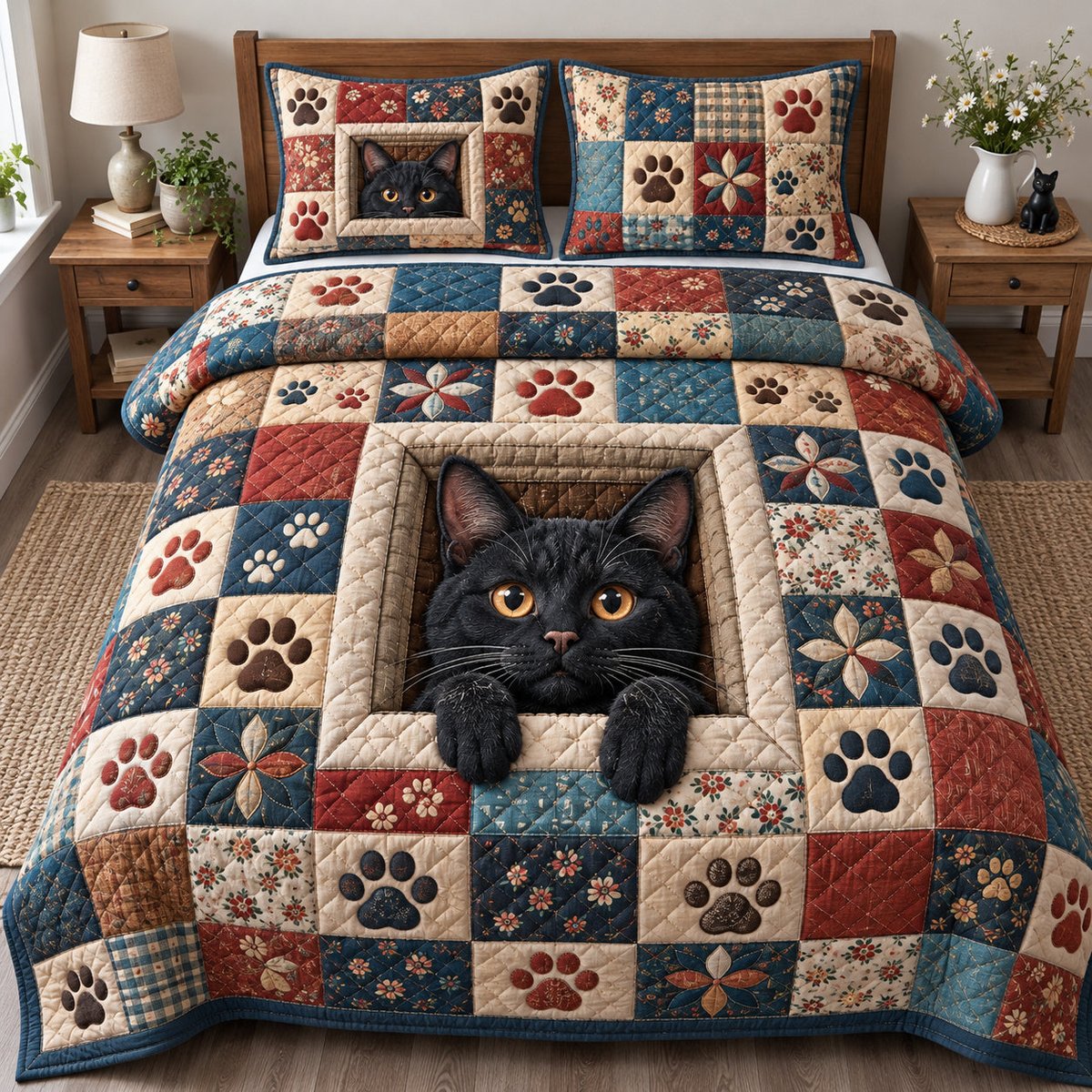Black Cat Pawprints 3 Piece Quilted Bedding Set Gift For Cat Lovers