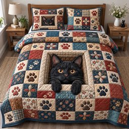 Black Cat Pawprints 3 Piece Quilted Bedding Set Gift For Cat Lovers
